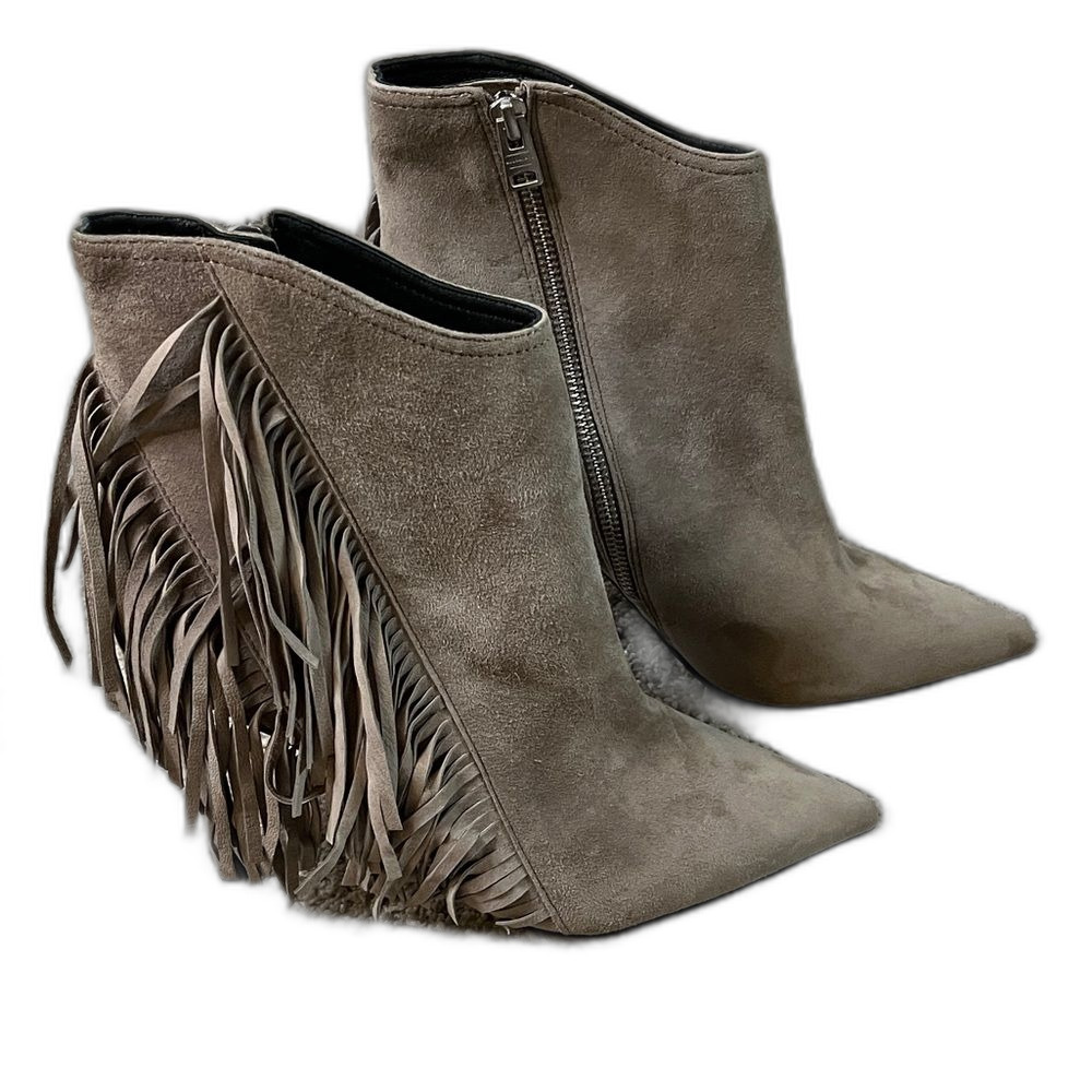 All Saints Izzy Taupe Fringe Pointed-Toe High Heel Ankle Boot Size 8, EU 39